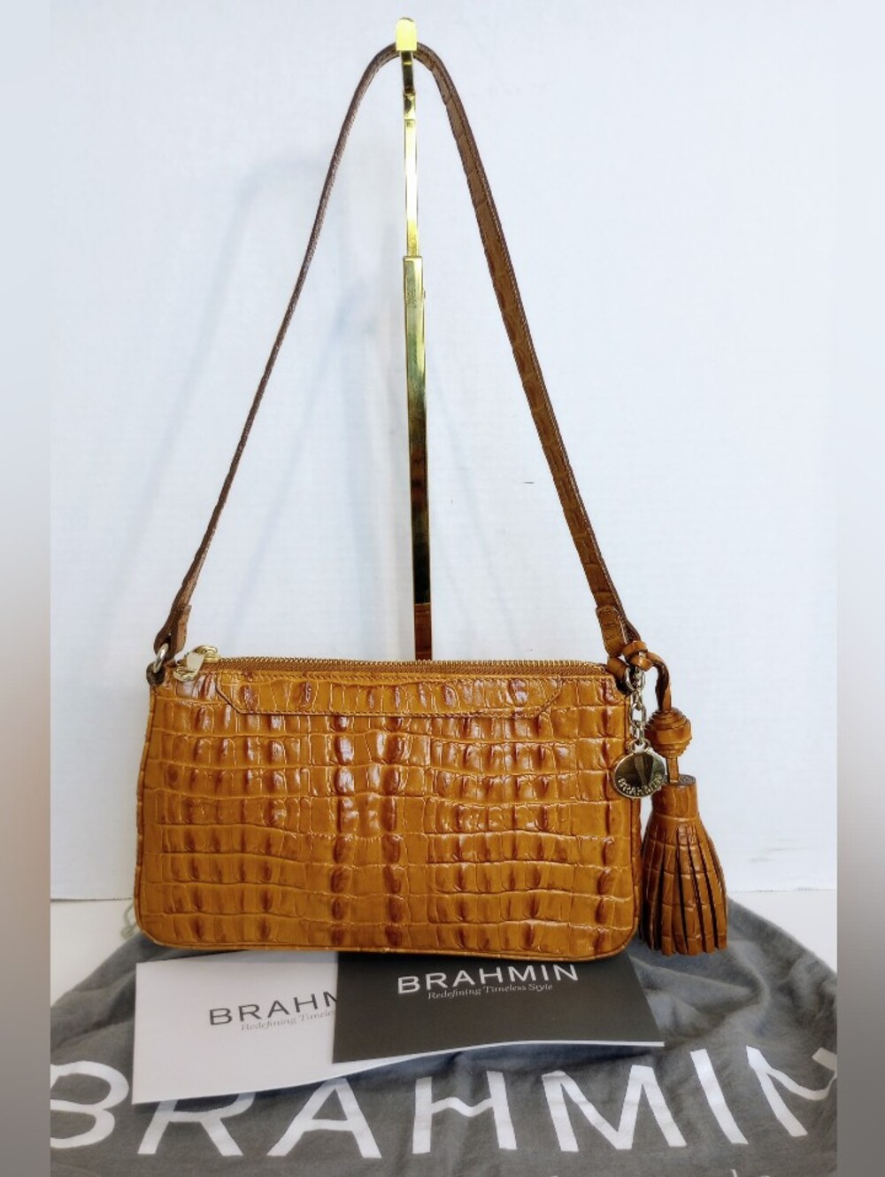 NWOT Brahmin Kitten Shoulder Bag In Whiskey La Scala, Croc Embossed Leather
